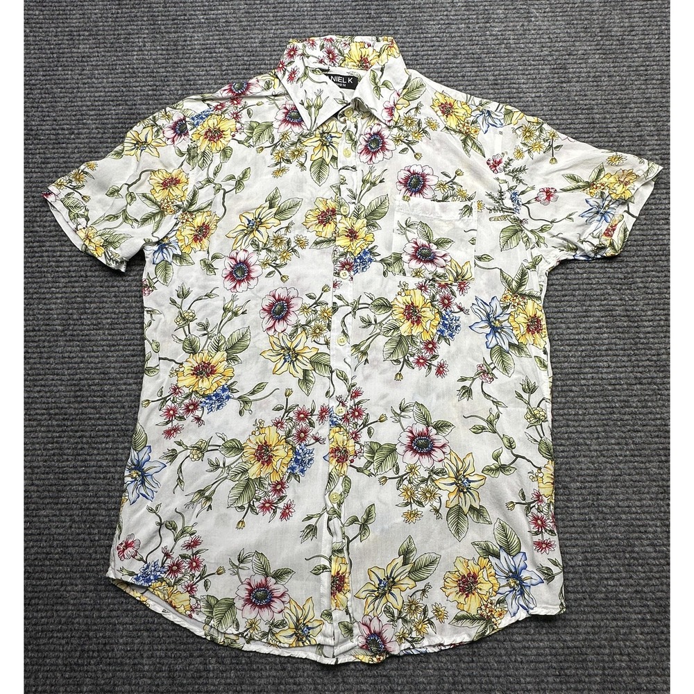 Daniel K Floral Shirt Mens Medium White Rayon‎ Short Sleeve Button Front Casual